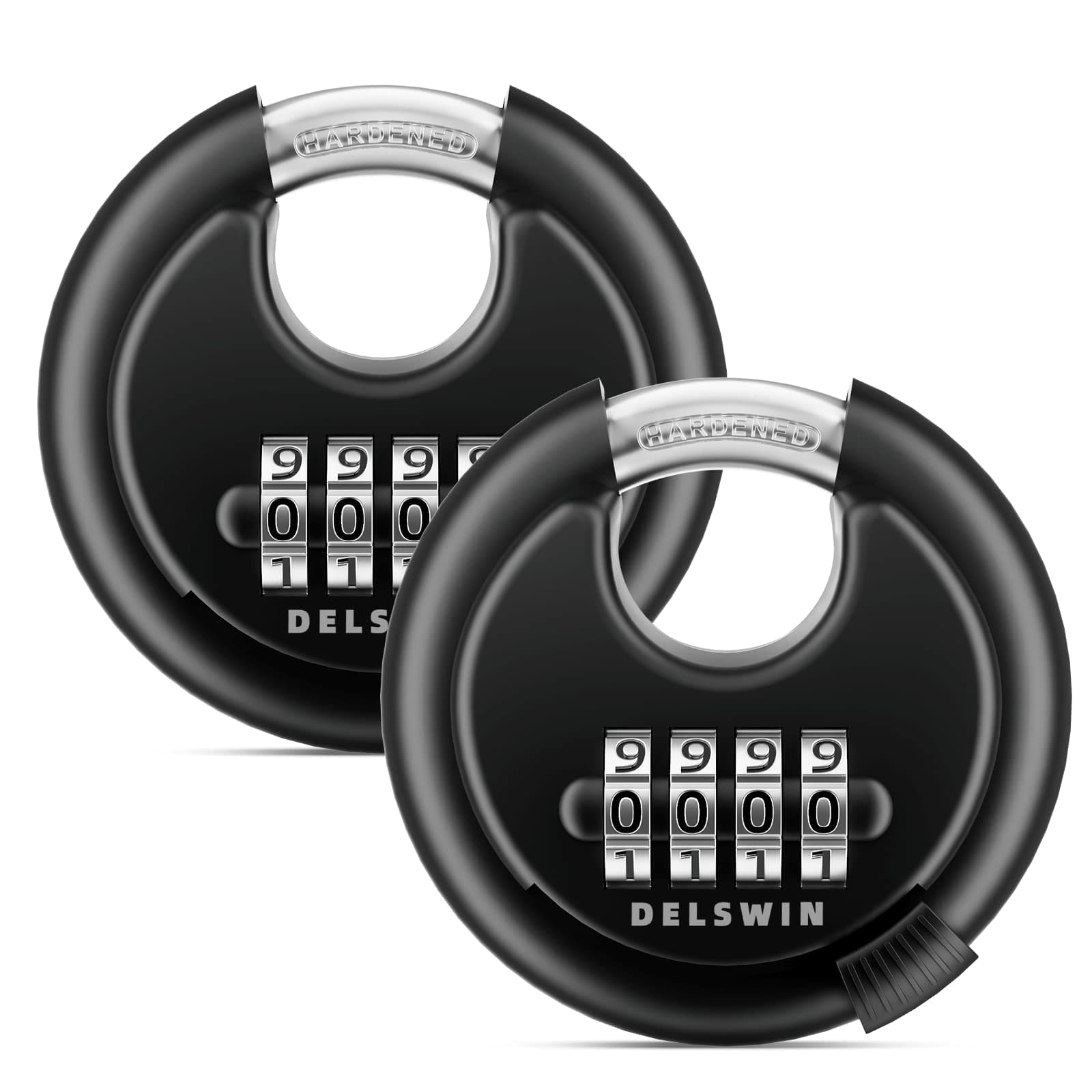 DELSWIN 4-Digit Disc Combination Lock Outdoor - Heavy Duty Combination Padlocks with Hardened Steel Shackle Weatherproof Combo Locks for Gates,Sheds,Fence,Storage Unit (3/8" Shackle, Black,2 Pcs)