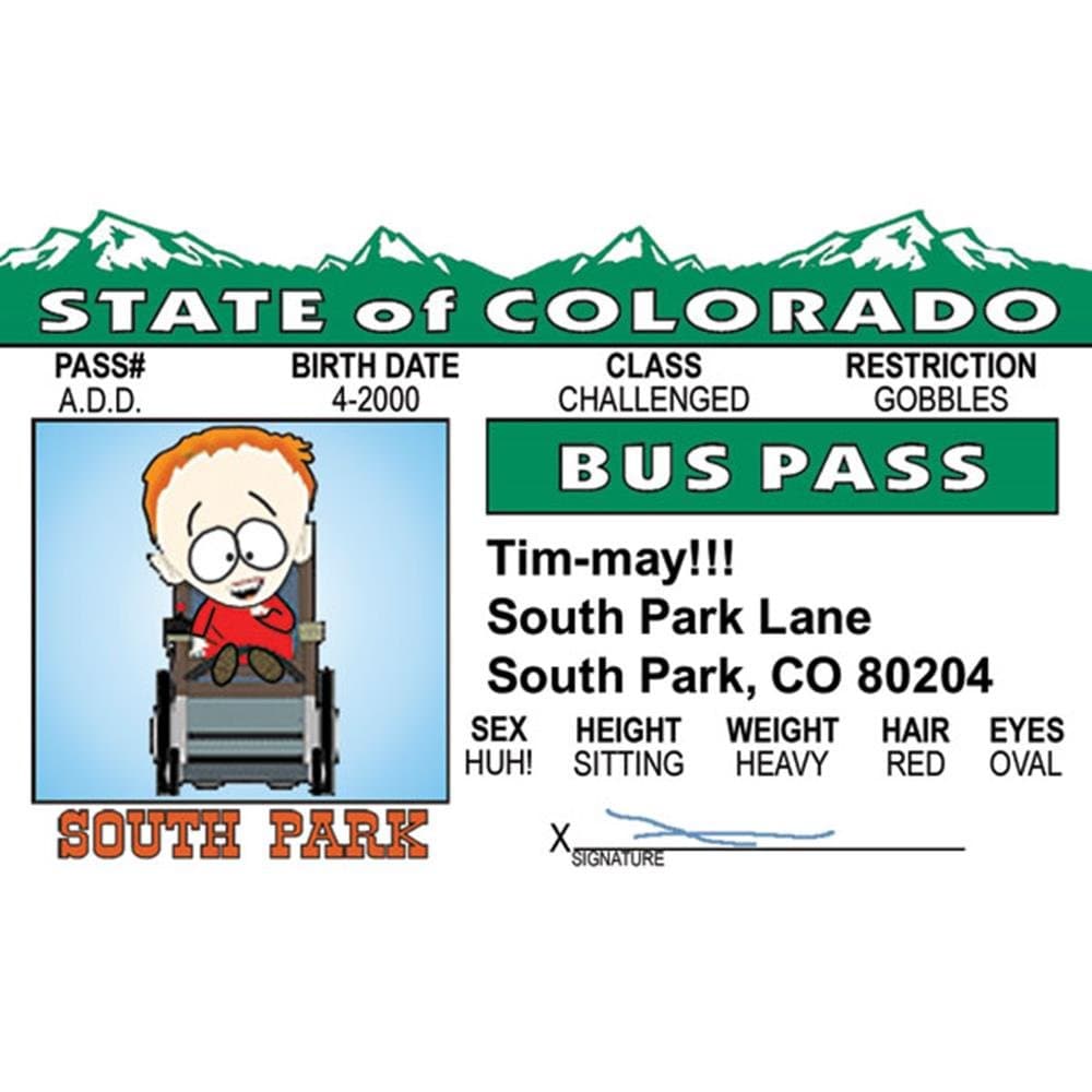 Signs 4 Fun Parody ID | South Park - Timmy Buss Pass | Fake ID Novelty Card | Collectible Trading Card Buss Pass | Novelty Gift for Holidays | Made in The USA