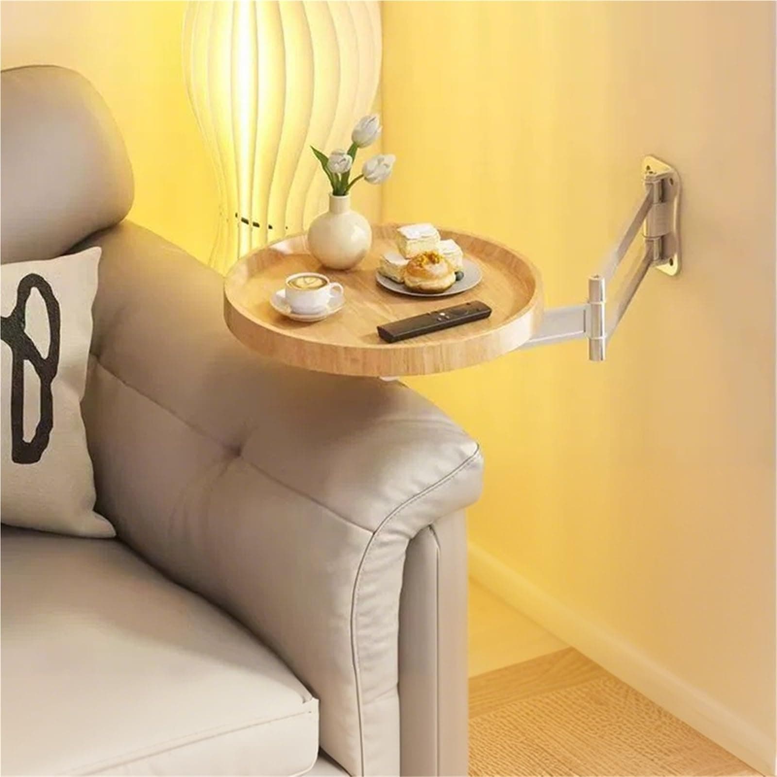 Folding Table Wall Mounted Small Round Tray, Fold Down Wall Desk - Flip-Out Design Nightstand, Extendable Space Saving Dining Table Floating Side Table Extender Shelf(Original Wood Color)