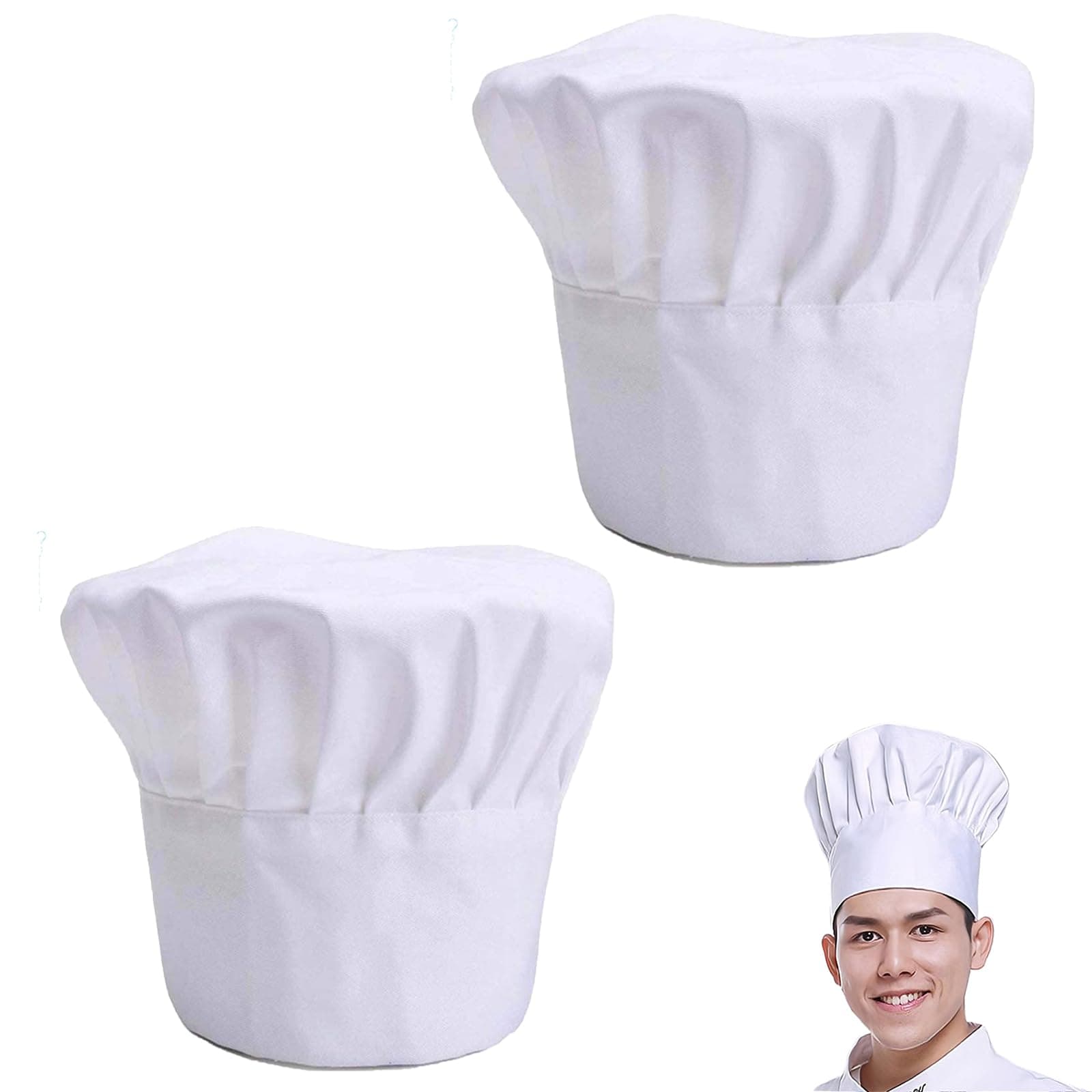 2pcs Chef Hat for Adults - Hotel Tall White Cooking Hat Costume - Secure Hair Hold for Kitchen, Restaurant