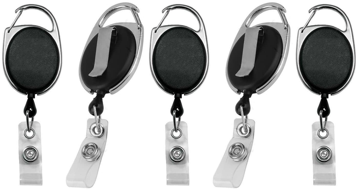 Retractable Badge Holder & Reel | for ID Cards, Keys, Lanyards, Self Retracting, Carabiner Clip On | Black by Blue Shoe Guys | 5-Pack