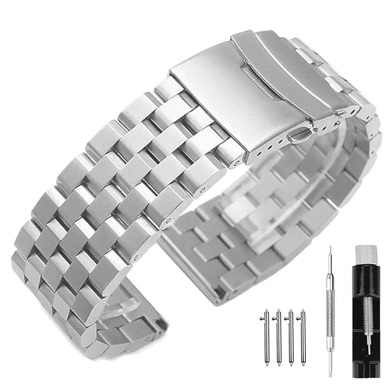 Brushed Metal Watch Bands for Men Women Solid Stainless Steel Watch Band 18/20/22/24/26mm Watch Bracelet Strap Deployment Double Lock Deployment Buckle Black Silver Blue Gold