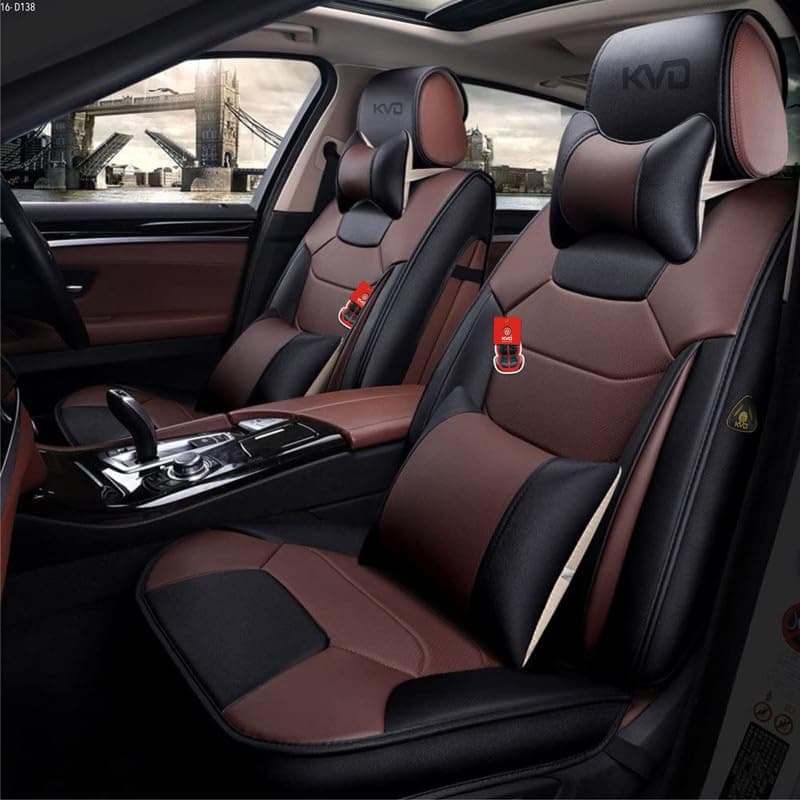 Faux Leather Heavy Nappa Leather Luxury Car Seat Cover Compatible with Tata Nexon Black + Coffee Free Pillows and Neckrest Set (5 Year Warranty) - D138/77