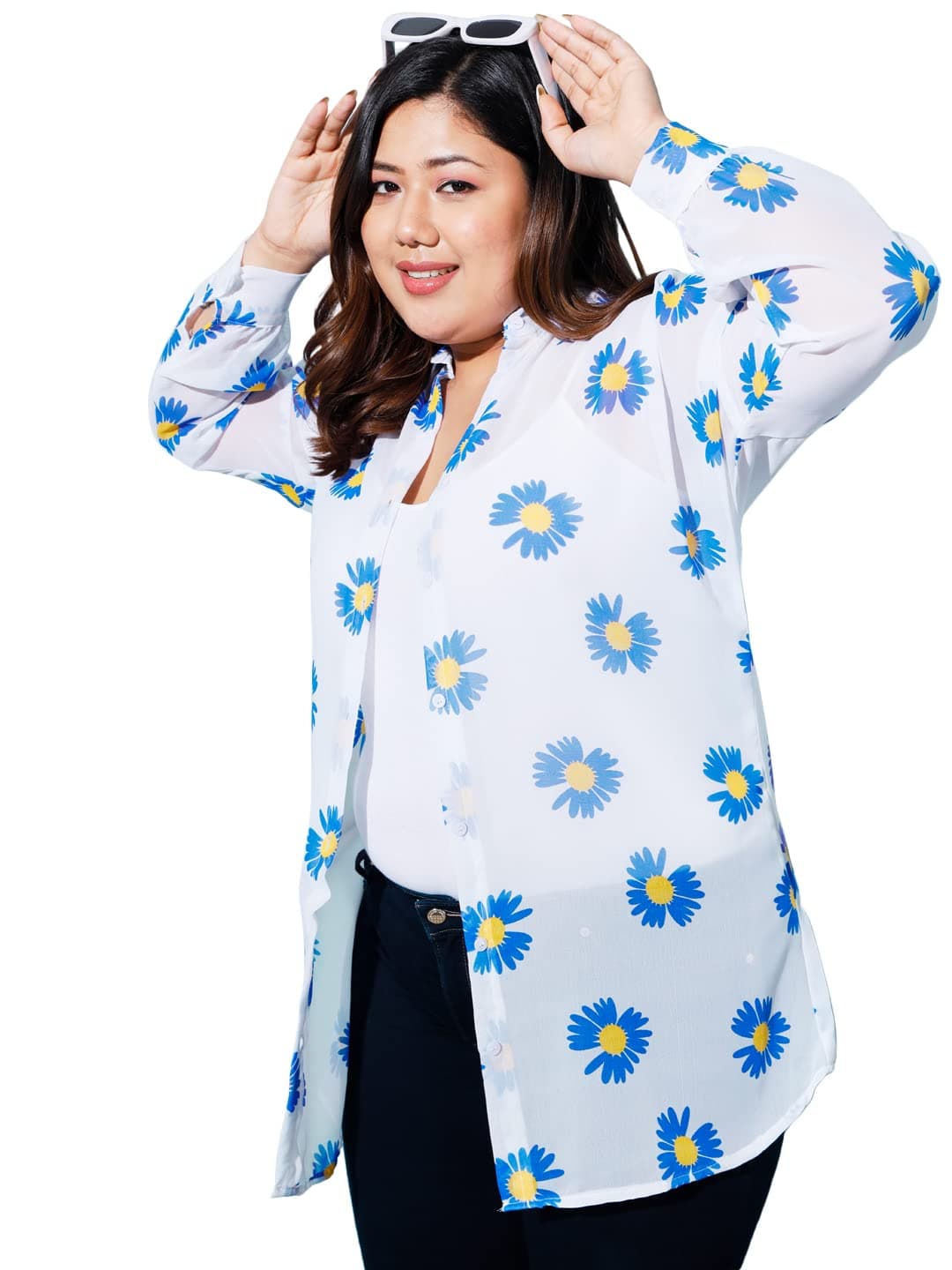 Buynewtrend curvyGeorgette Floral Print Plus Size Long Women Shirt