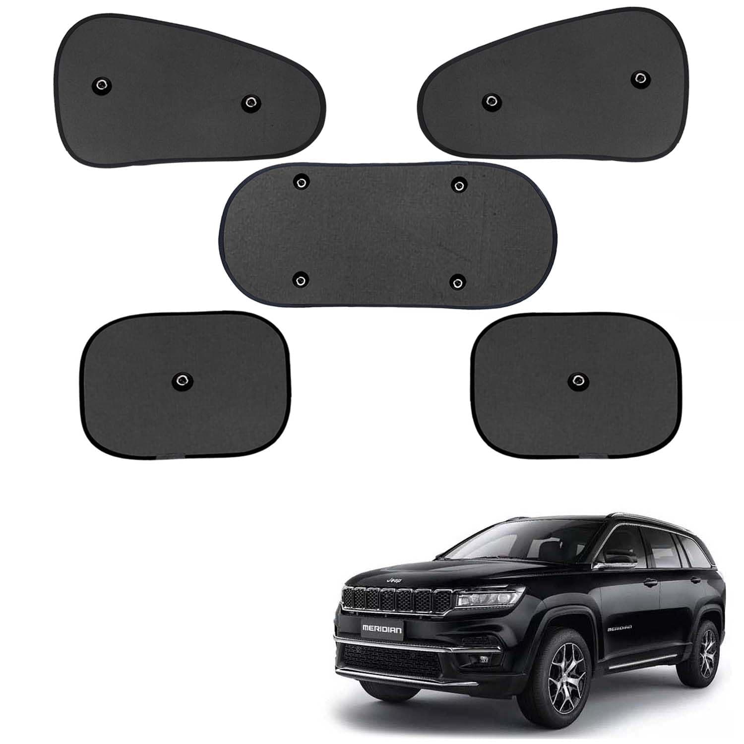 COSMOGEAR Car Window Curtain Sticky Sun Shades for Jeep Meridian (2022 Onwards), Universal Fit Sunshades for Side Window with Rear Windshield, 5 Pieces - Black