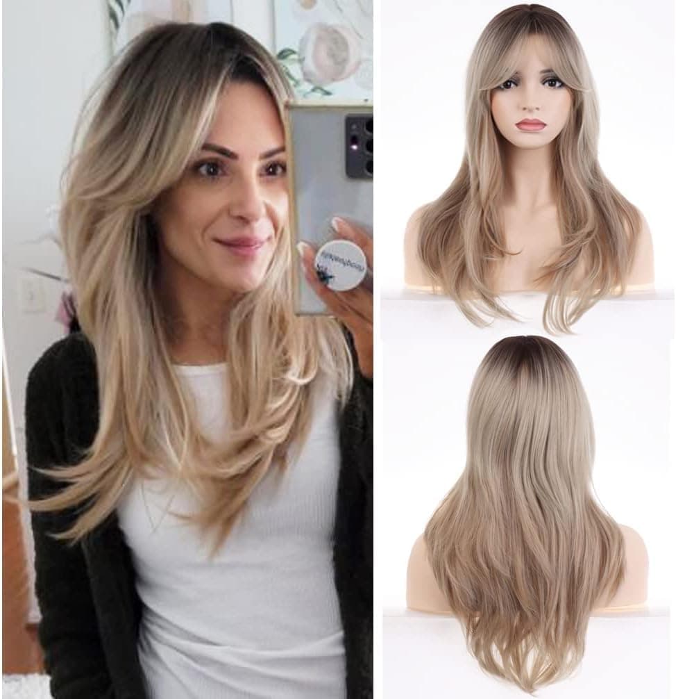 Long Blonde Wigs for Women Blonde with Dark Roots Wig Layered Synthetic Hair Wig Ombre Blonde Wig for Daily Party Wig Cap Include