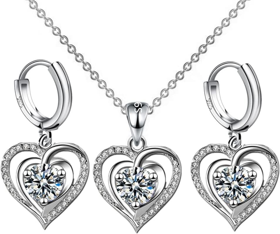 Heart pendant Necklace Earrings Set Sterling Silver Cubic Zirconia Crystal Jewelry Collection Women Elegant Accessories