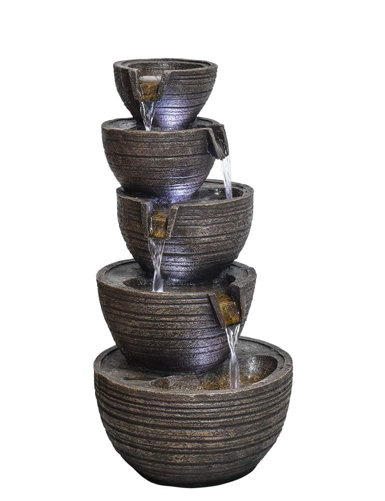 SunJet Outdoor Five Bowls Shaped Cascading Fountain with Built-in LED Lights, Soothing Tranquility for Garden and Patio Decor (22.8" H-Copper-Five Bowls)