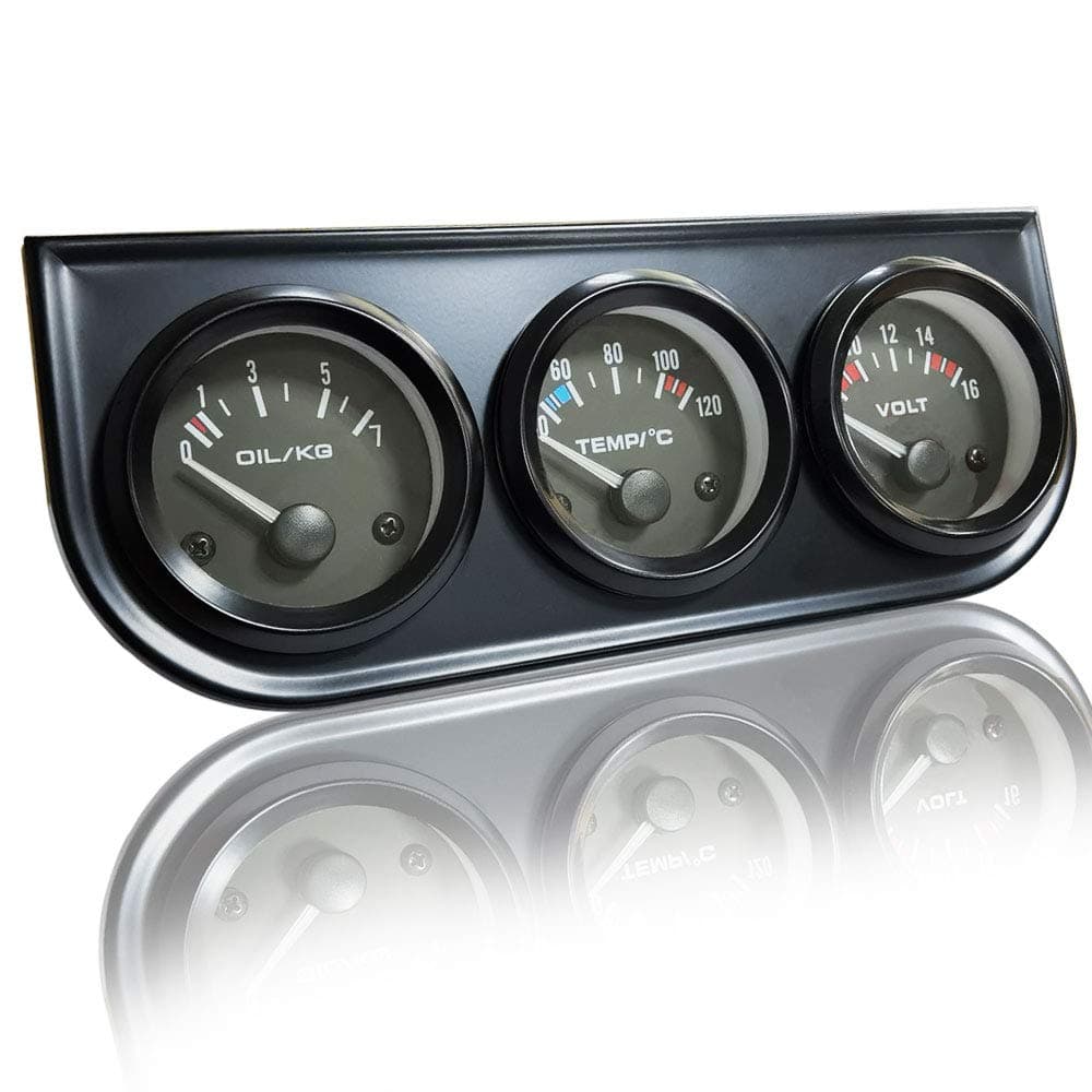 3-in-1 52mm Triple Gauge Cluster kit Oil Pressure,Water Temp & Voltmeter with Black Dashboard Console Universal Fit for Cars,Trucks,Marine,Tractors & 12V Vehicles Easy Installation