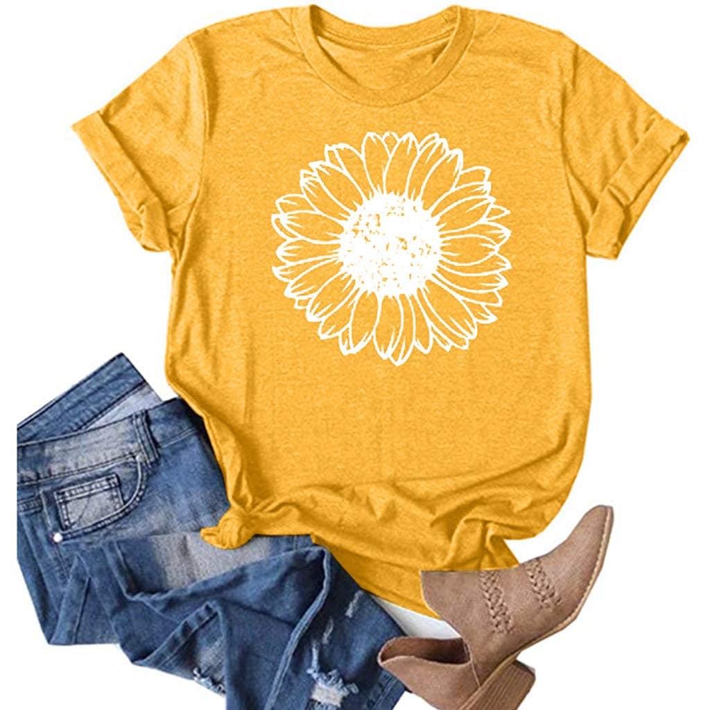 Women Sunflower Shirts Summer Casual Plus Size Crew Neck Tops Short Sleeve Loose Fashion Print T-Shirt Junior Teen Girls Graphic Blouse Confortable Tees Tops