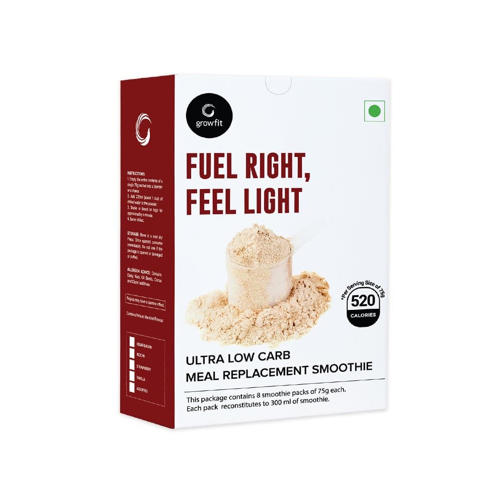 Grow Fit Ultra Low Carb Meal Replacement Smoothie Premix | 600 G | Pack of 8 | Keto Friendly | Vitamin & Mineral Fortified (Kesar Badam)