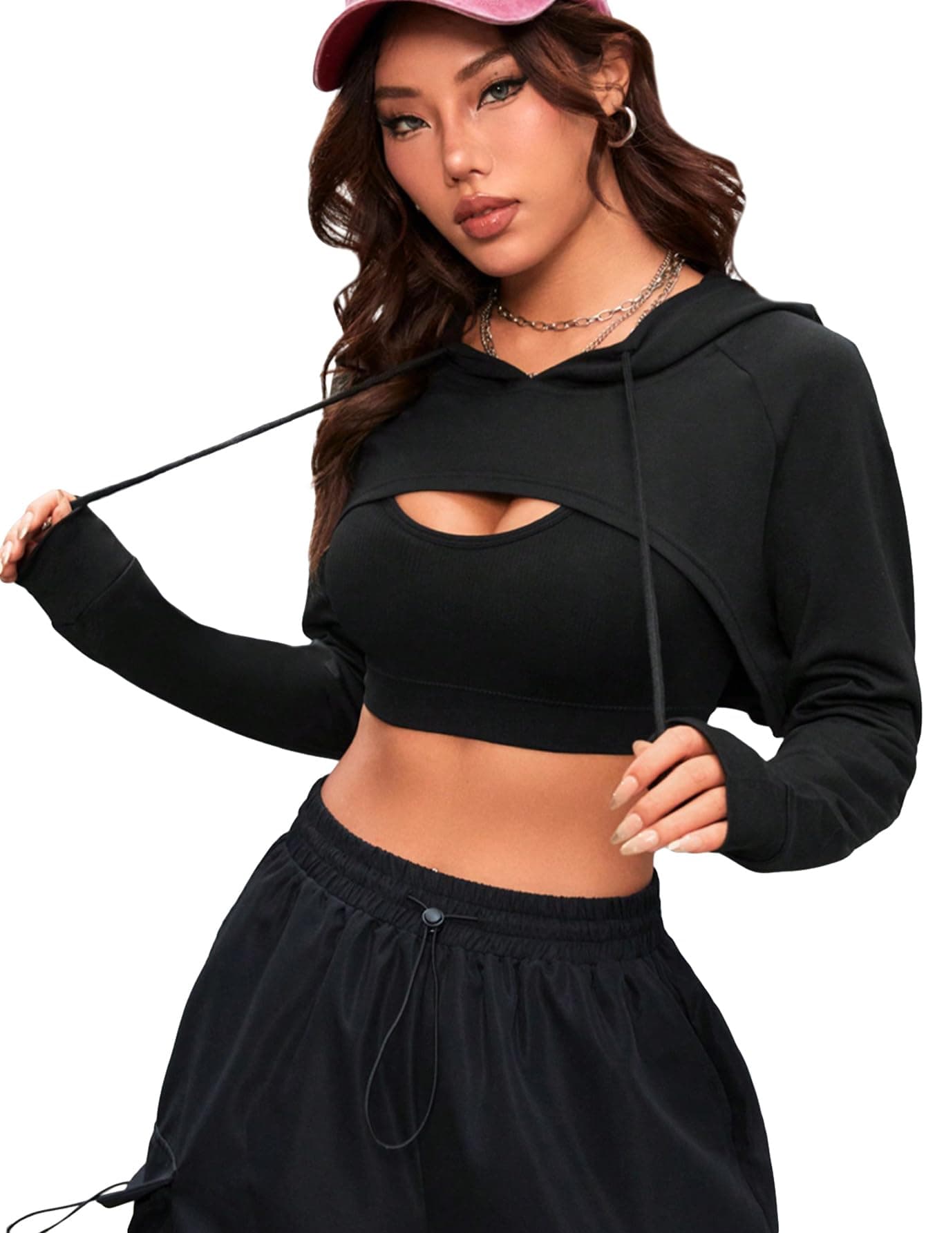 COZYEASEWomen's Cropped Sports Sweatshirt Hollow Out Crop Tops Drop Shoulder Drawstring Pullover Cropped Hoodie