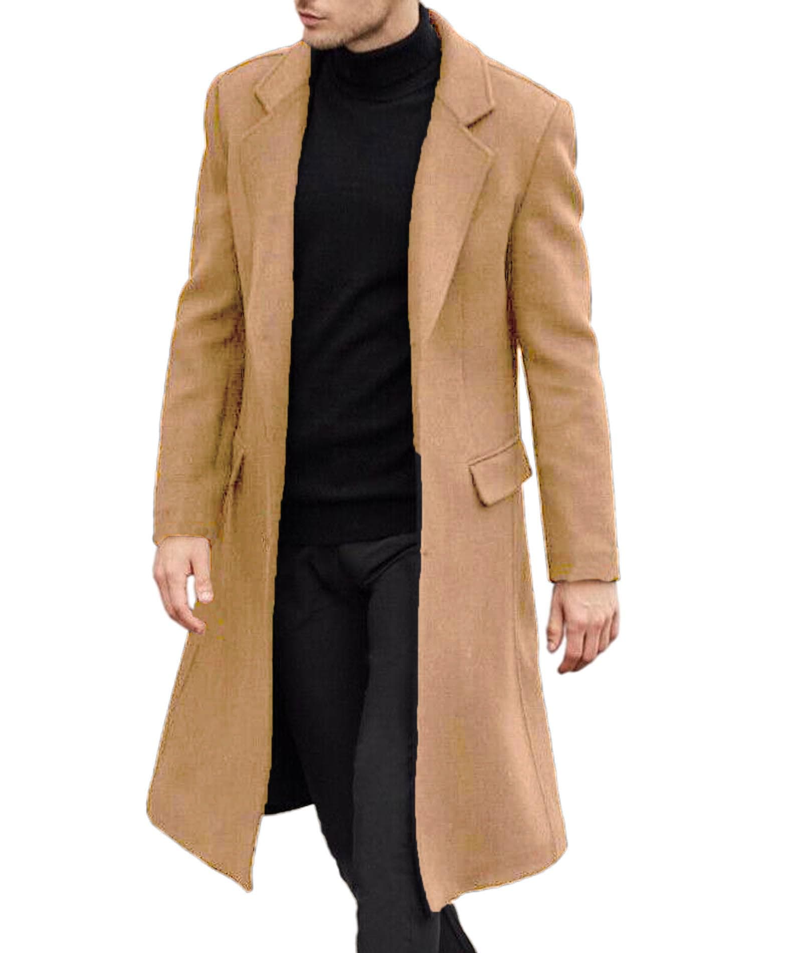 SOMTHRON Men's Casual Trench Coat Slim Fit Notched Collar Long Jacket Overcoat Single Breasted Pea Coat wih Pockets