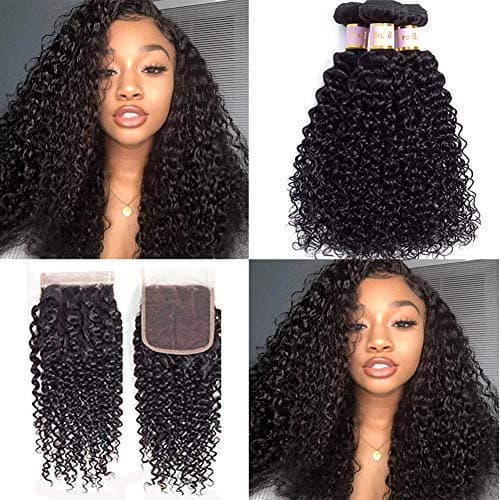 Brazilian Kinky Curly Virgin Hair 3 Bundles with Free Part Closure (16 18 20+14）100% Unprocessed 8A Brazilian Curly Human Hair Weft with Lace Closure