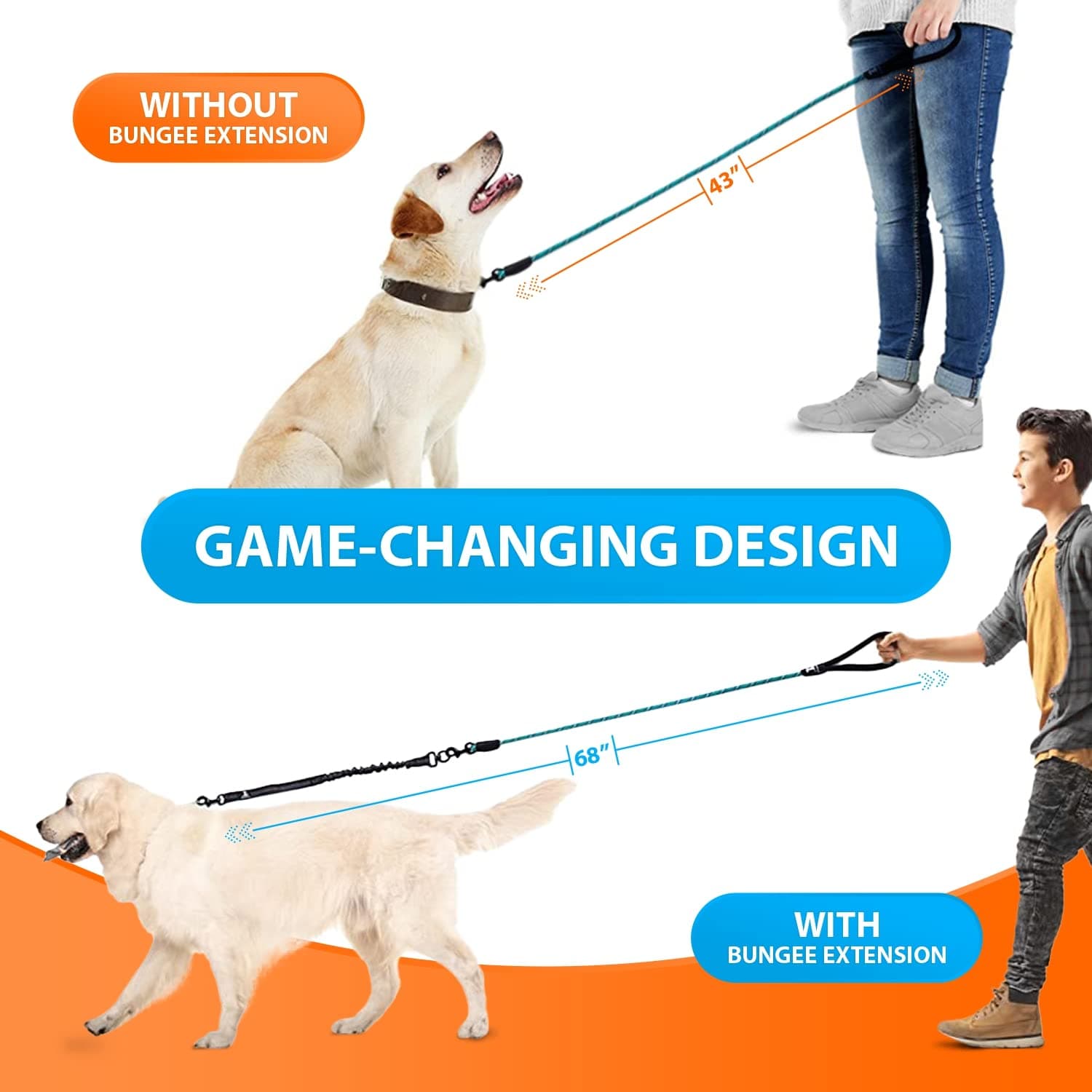 SparklyPets - Heavy Duty Bungee Rope Leash for Large and Medium Dogs - No Pull, Shock Absorber Long Dog Training Lead - No Slip Reflective Line for Outside (5.5 Ft Bungee Leash)
