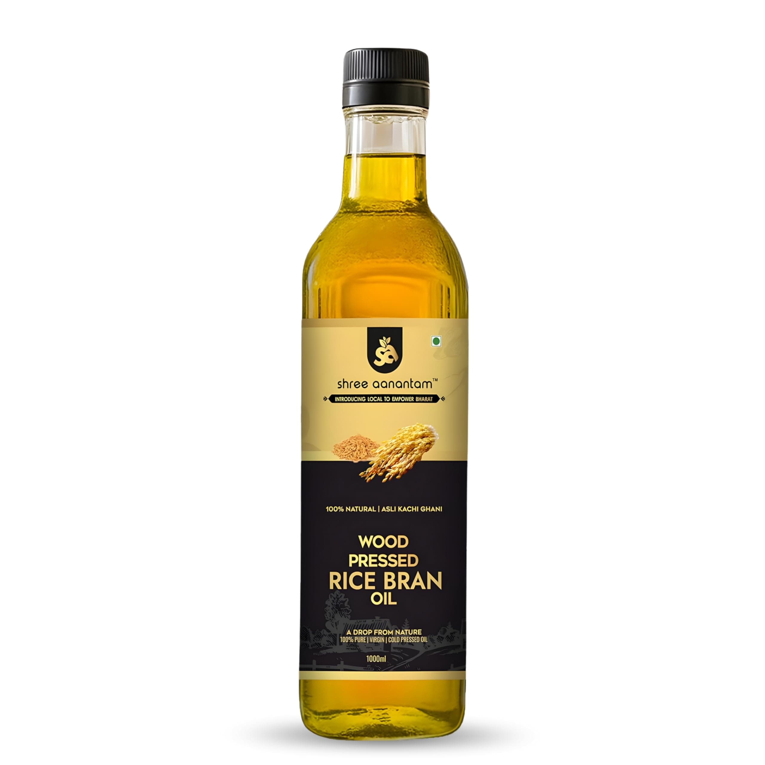 Shree Aanantam Cold Pressed Rice Bran Oil - 500ml | Bottle | Kolhu/Kacchi Ghani/Chekku | 100% Pure & Natural | Chemical-Free | Wood Pressed Rice Bran Oil for Cooking (500ml (Pack of 1))