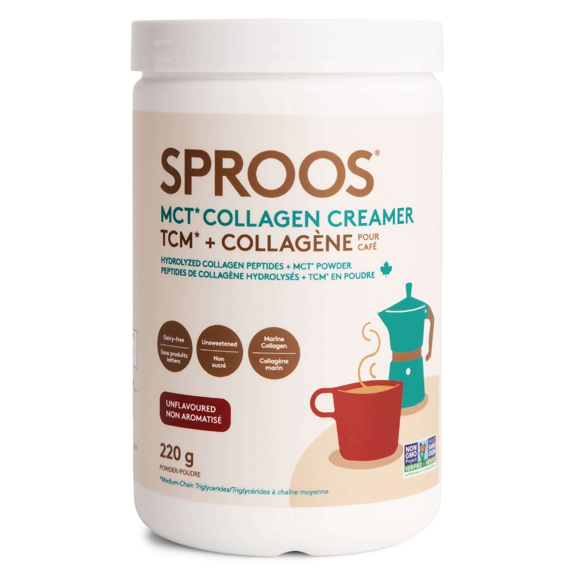 SPROOSMCT Collagen Creamer | 5 G Wild-caught Marine Collagen, 5 G MCT powder | Dairy-Free, Tub, 220 G