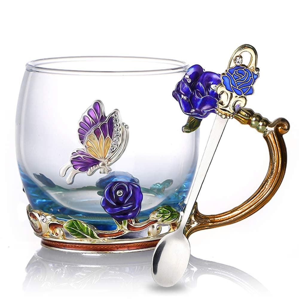 Kaiyuan Dynasty Tea Cup Glass Coffee Mugs Enamel Rose Flower Butterfly Drinking Cups with Spoon Set for Birthday Wedding Blue Rose Mug 12oz