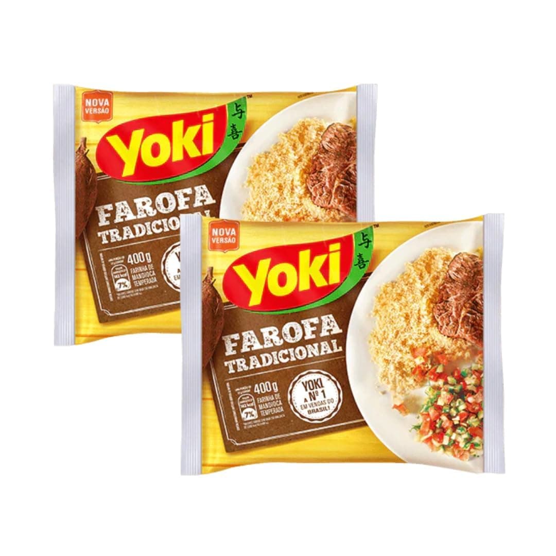 Yoki Seasoned Cassava Flour Brazilian Corner Bundle [2 Pack] 17.6 oz | Farofa De Mandioca Pronta Temperada Yoki 500g (Pack of 2) | Gluten Free