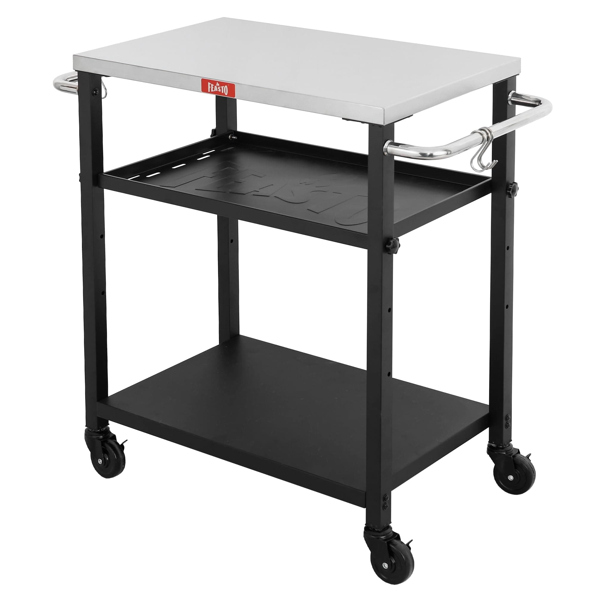 3-Tier Outdoor Grill Cart, Rolling Pizza Oven Table with Compact 26.6" x 16.1" Stainless Top for Pizza Ovens & Griddles, Outdoor Bar Cart with S-Hooks for Patio Parties, Deck Dining & Camping