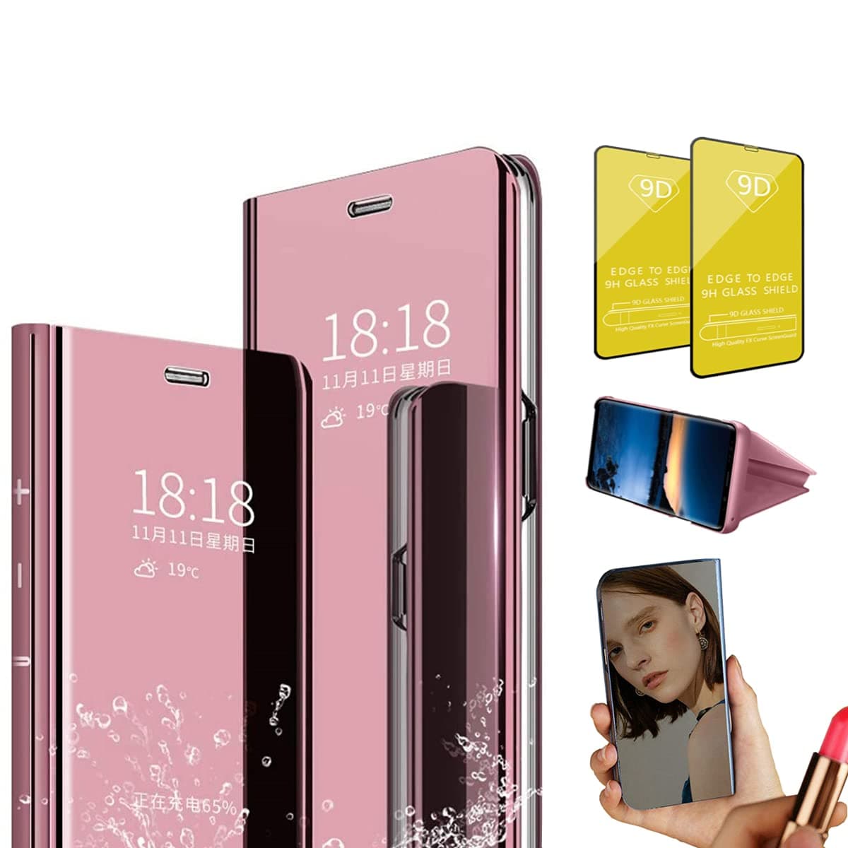 Jtailhne Compatible for Case Oppo F1 Plus, Electroplate Makeup Mirror Translucent Smart Clear View Case Flip Stand Full Body Protective Cover Rose Gold+2 Screen Protector