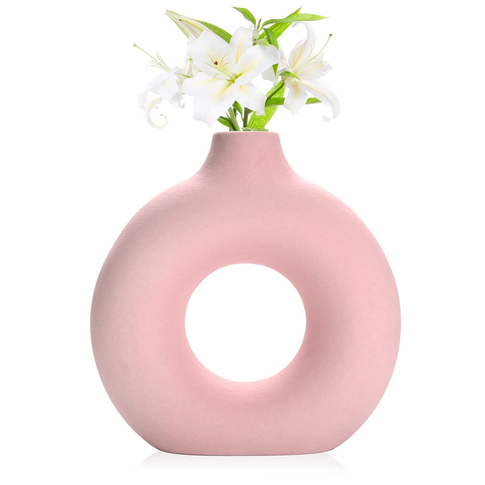 Donut Vase|Circle Hollow Vase|Modern Matte Ceramic Vase for Entryway Living Room Bedroom Dining Table Centerpiece Office Home Decor (Pink-7.5")