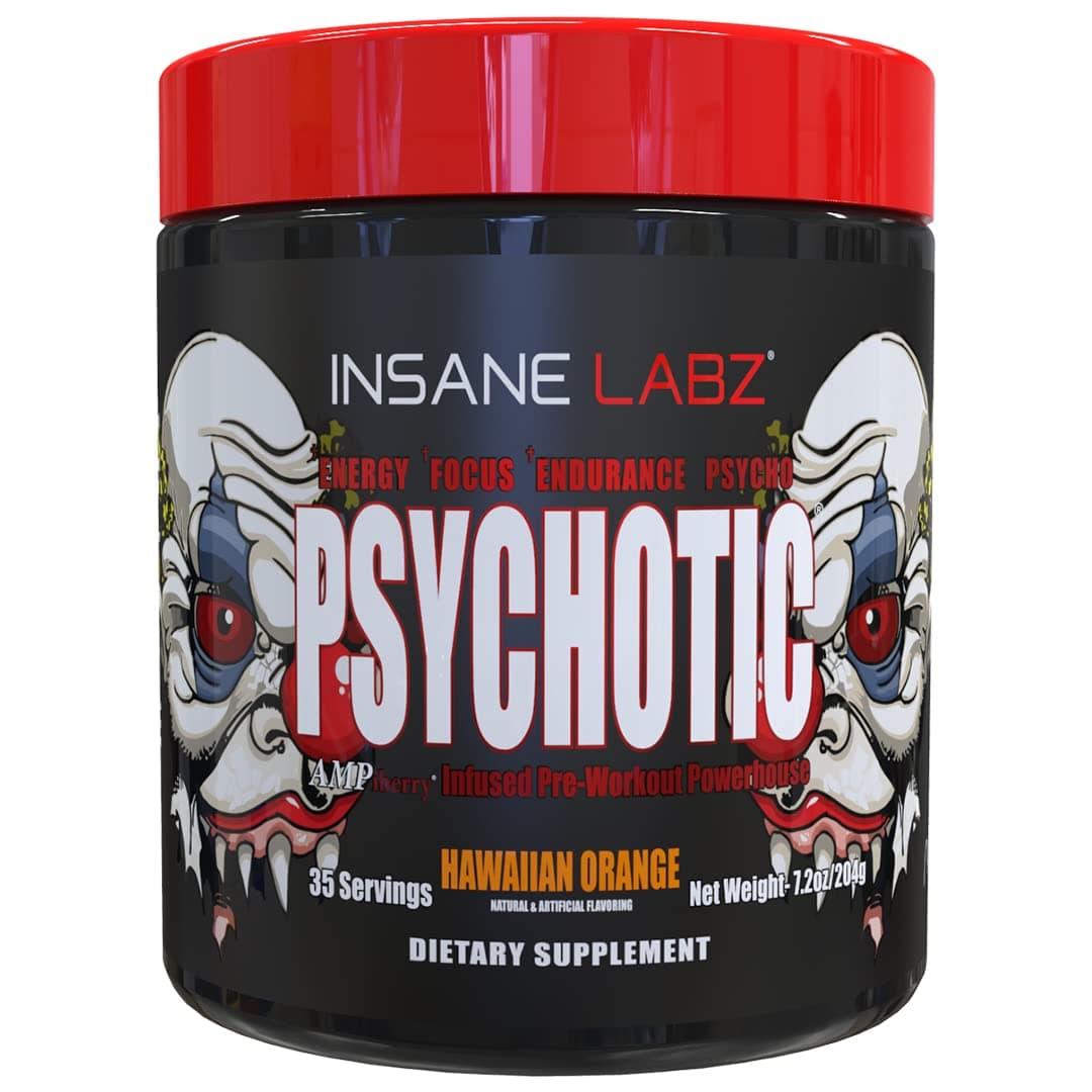 Insane Labz Psychotic, High Stimulant Pre Workout Powder, Extreme Lasting Energy, Focus and Endurance with Beta Alanine, Creatine Monohydrate DMAE, 35 Srvgs (Hawaiian Orange)