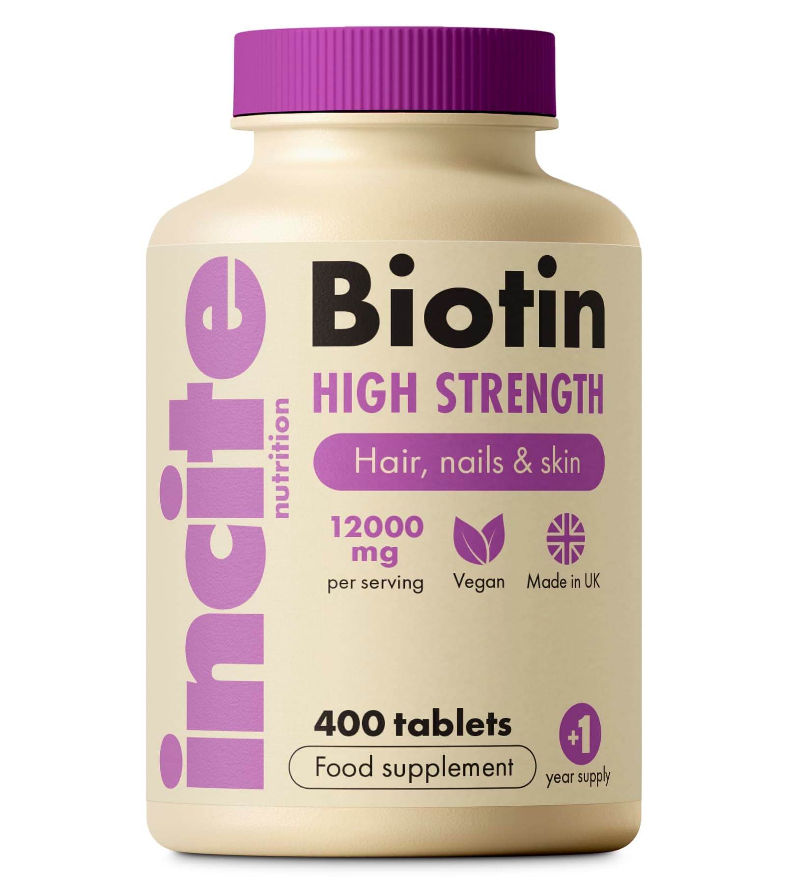 Incite Nutrition Biotin Hair Growth Support Supplement 12,000mcg - 400 Tiny 6mm Tablets (Full Year Plus Supply) - for Men & Women