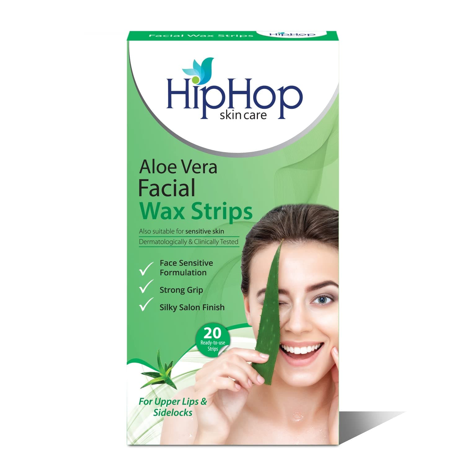 HipHop skin care Skincare Facial Wax Strips with Aloe Vera for Normal to Sensitive For Instant Hair Removal (Upper Lip, Sideburns, Forehead, Chin) with Cleansing Wipes - Pack of 20 strips