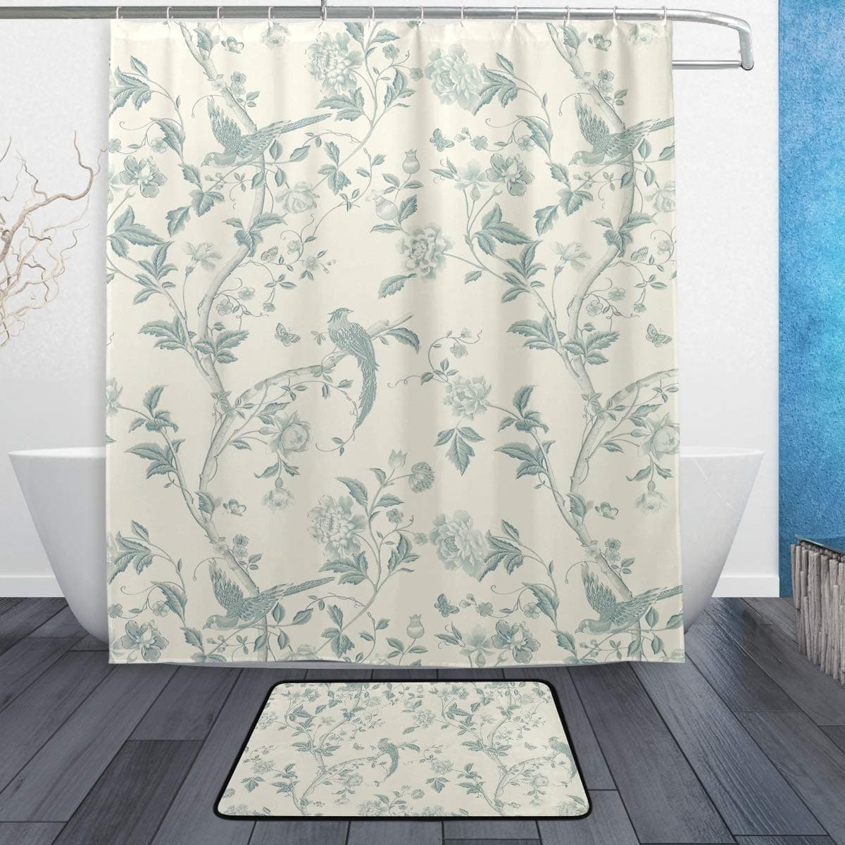 Summer Palace Off White Duck Egg Blue Floral Shower Curtain Set with Bath Mats Rugs Bathroom Mat Set Rug Capret for Bathroom Decor - 60 x72 in,23.6x15.7 in