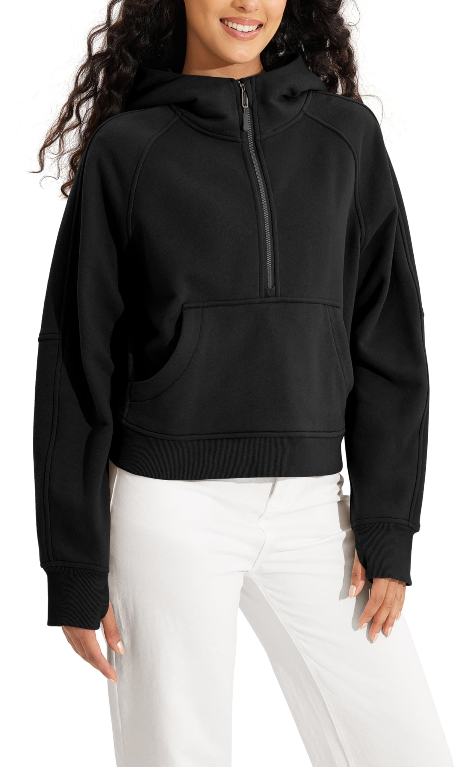 ODODOS Half-Zip Hoodies for Women Fleece Lined Cropped Sweatshirts Pullover Long Sleeve Sweater Thumb Hole