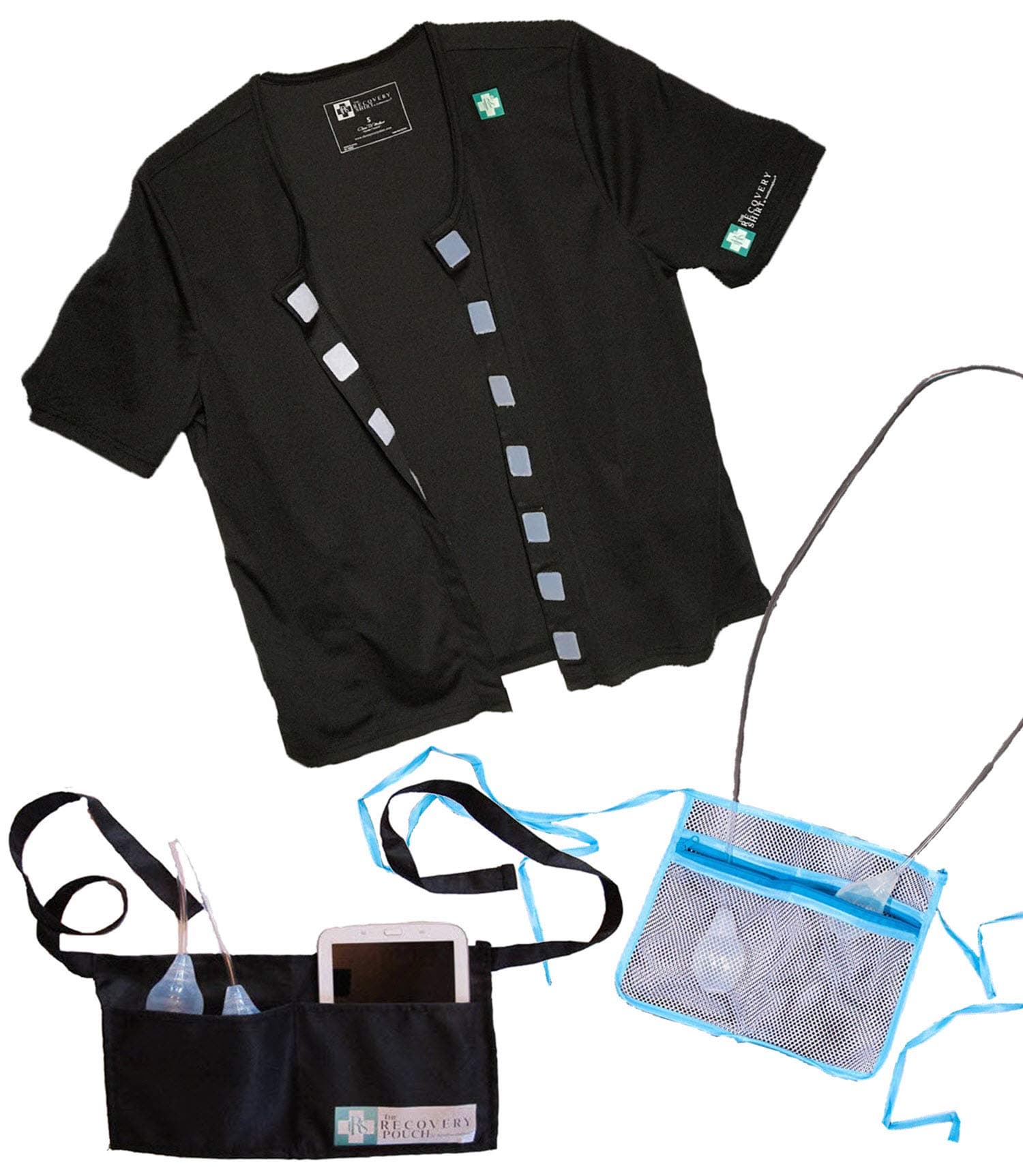 Mastectomy Breast Cancer Recovery Shirt & Drain Pouch Bundle,Black,Large