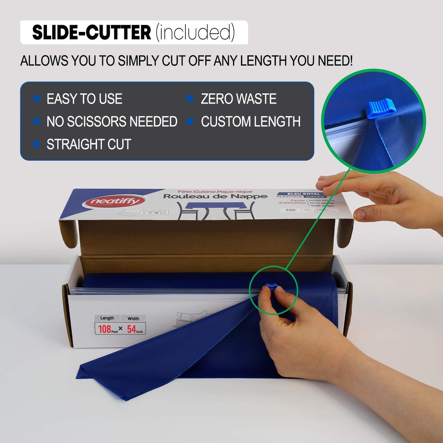 Neatiffy 137cm x 30m Disposable Plastic Tablecloth, Party/Banquet Tablecloth, Tablecloths for Rectangle/Round/Square Tables, Equivalent to 12 Picnic Packs (Royal Blue)