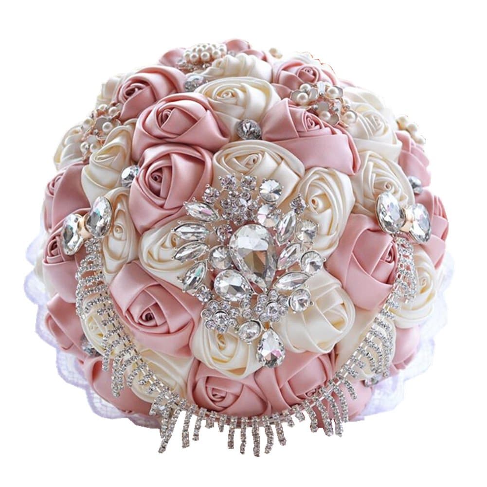 Silk Rose Flower Handmade Wedding Bouquet Brooch Pearls Crystal Bridal Flowers (Pink)