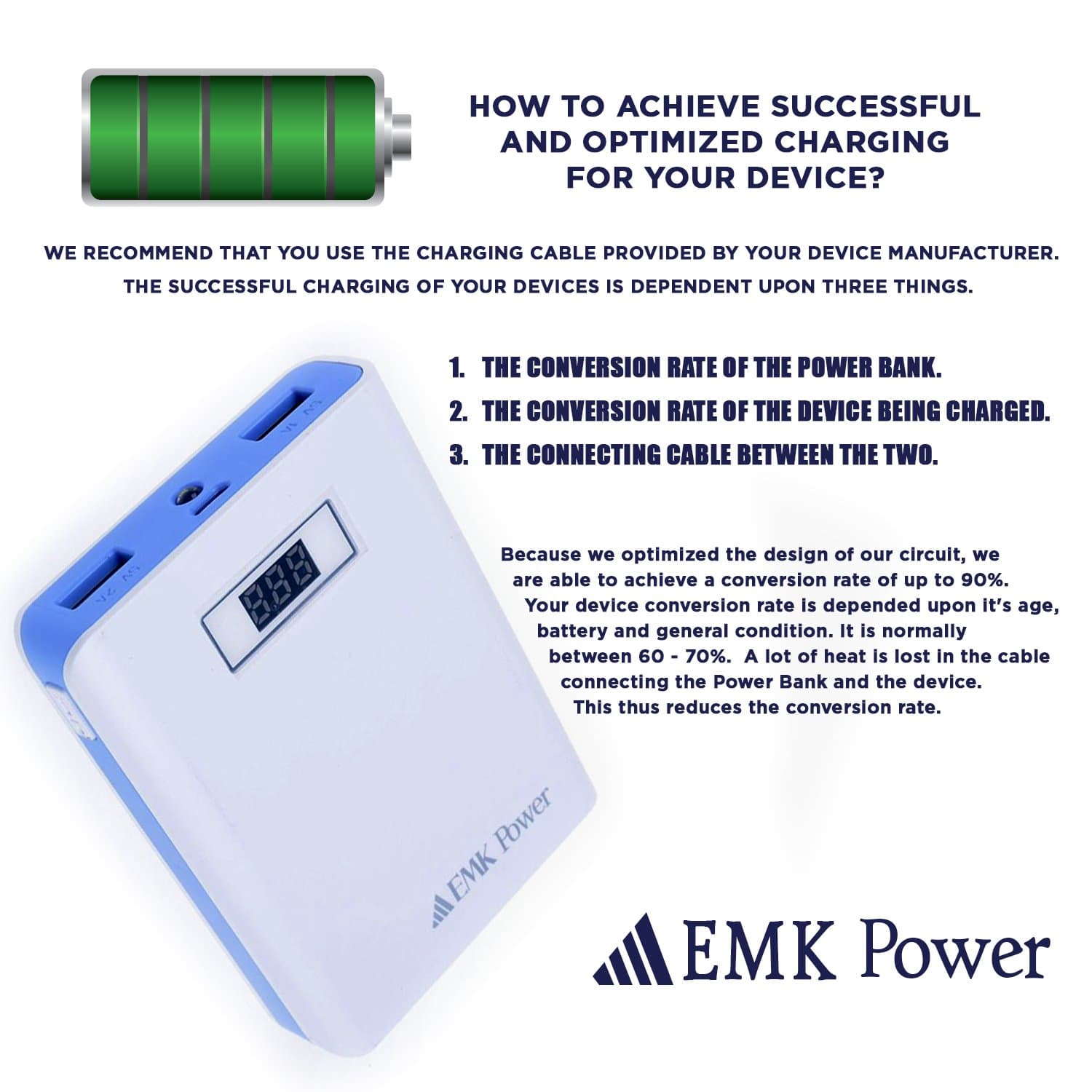 EMK Power Bank External Battery Charger - Portable Charger – Compatible With 95% of All Cell Phones Including iPhone/Smart Phone and Android – Also Compatible With Ipad, Ipod, Mp3, Mp4 - LCD Display - Samsung Batteries - 10400 Mah – LED Torch