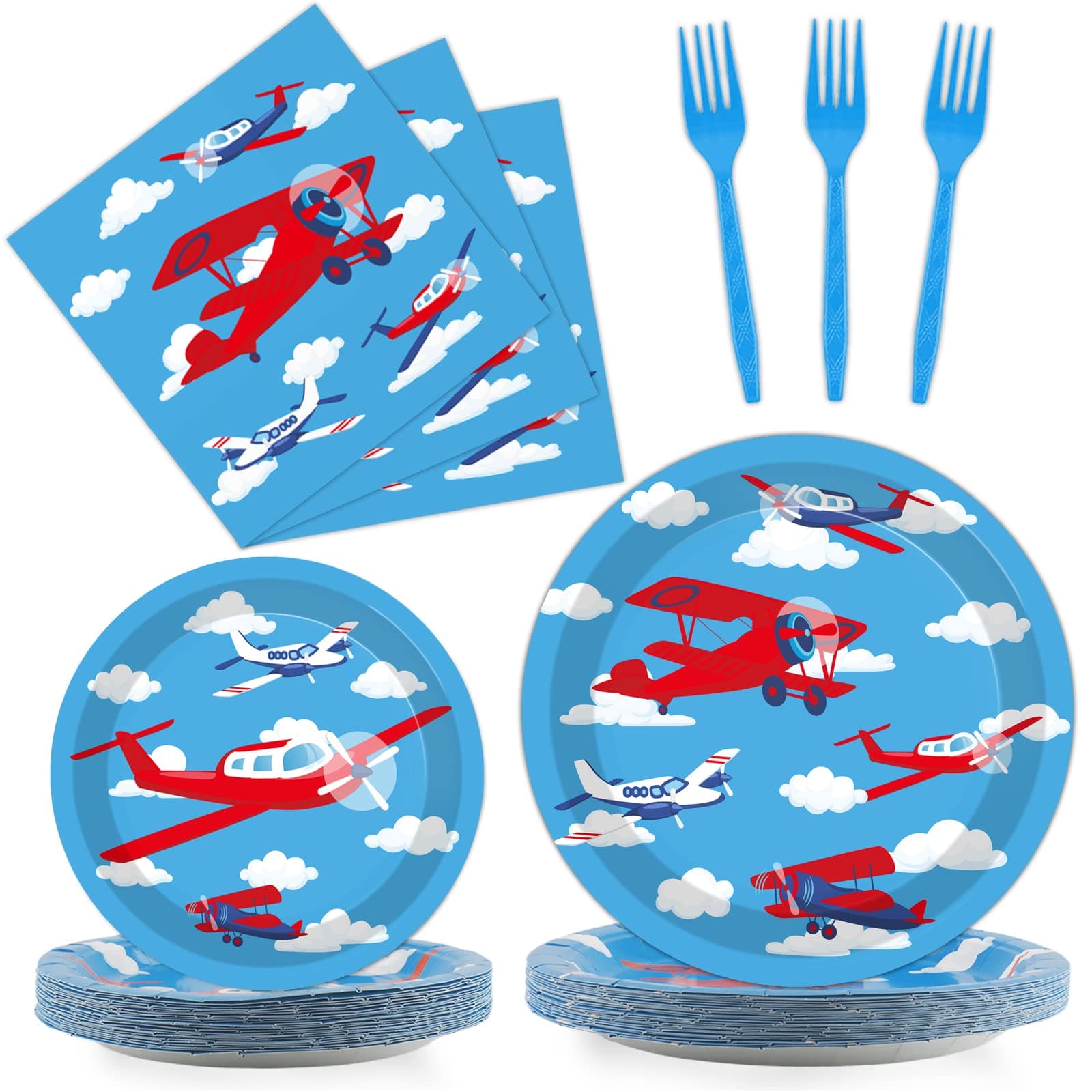 96 Pcs Airplane Party Plates Napkins Tableware Set Plane Birthday Party Supplies Disposable Paper Cake Dinnerware Blue Sky Two Fly Theme Table Decoration for Baby Shower Kids Birthday, 24 Guests