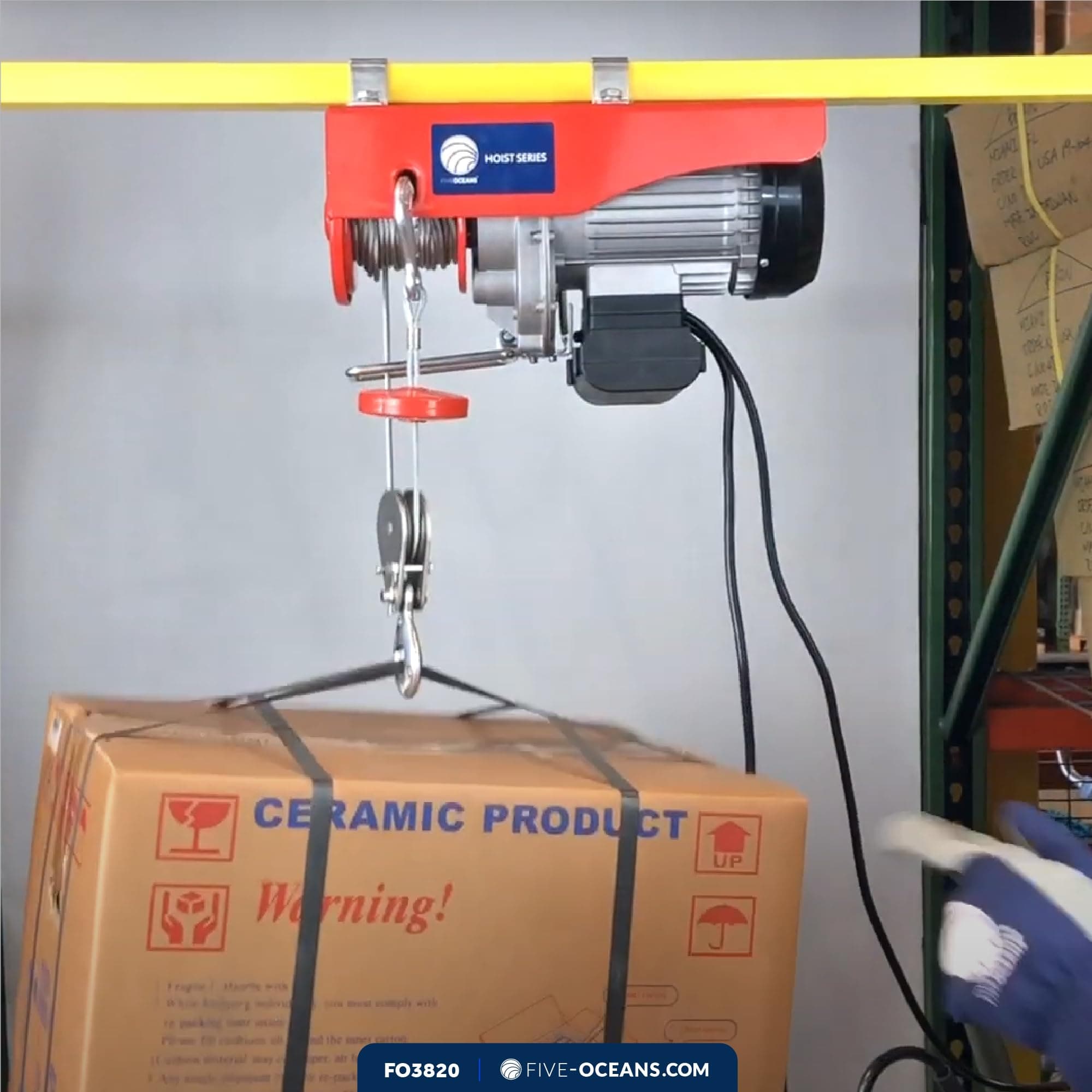 Five Oceans Electric Hoist, Hoist Pulley System, Pulley Hoist, 2200 Lb Lift Electric Winch with 6FT Remote Control 120 Volts, for Garage, Factory Lifting with Emergency Stop Button - FO3820