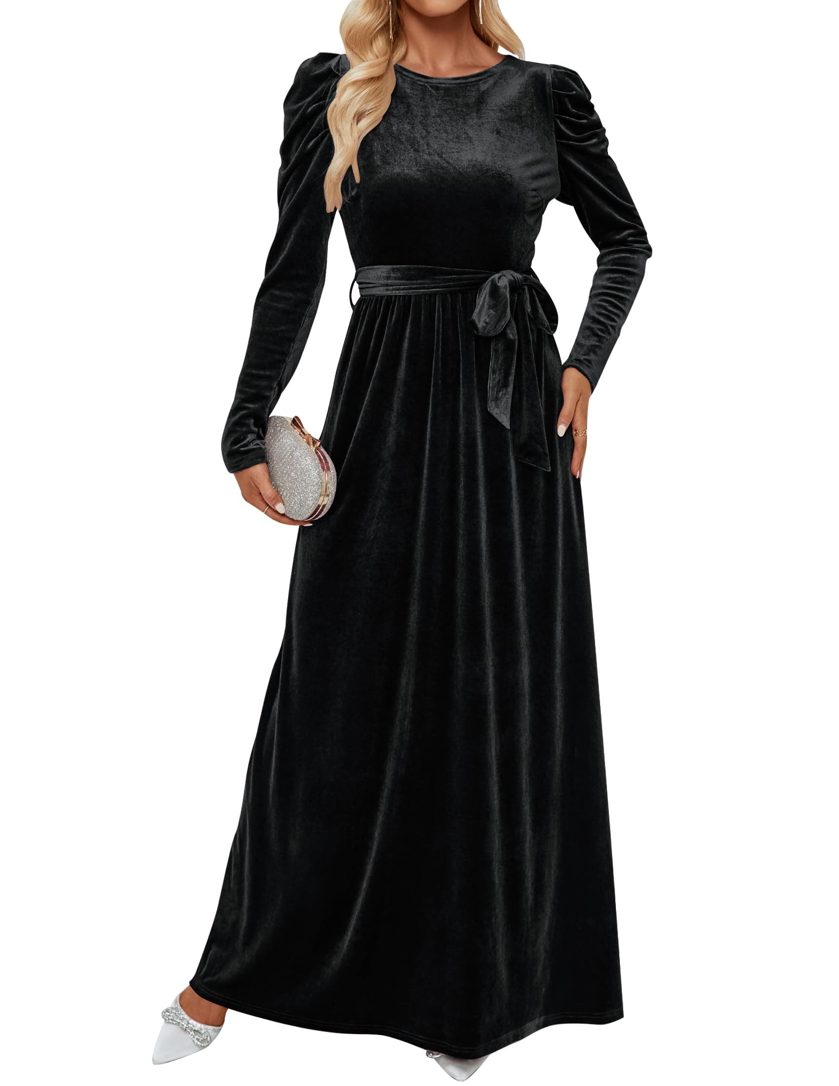 ZESICAWomen's Velvet Maxi Dress Fall 2025 Long Puff Sleeve Crew Neck Elastic High Waist Cocktail Party Bridesmaid Dresses