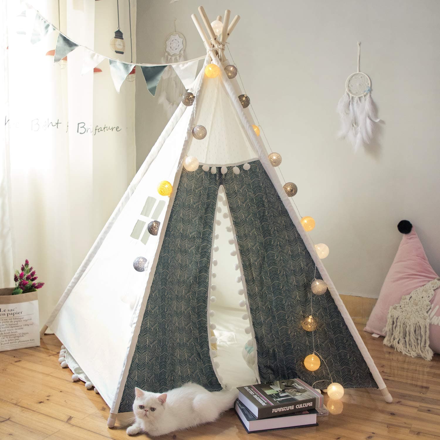 TreeBud Kids Teepee Play Tent Indoor Outdoor Five Poles Indian Tents Toddlers Boys Girls Playhouse Pompom Lace Cotton Canvas Tipi with Carry Bag (Printing)