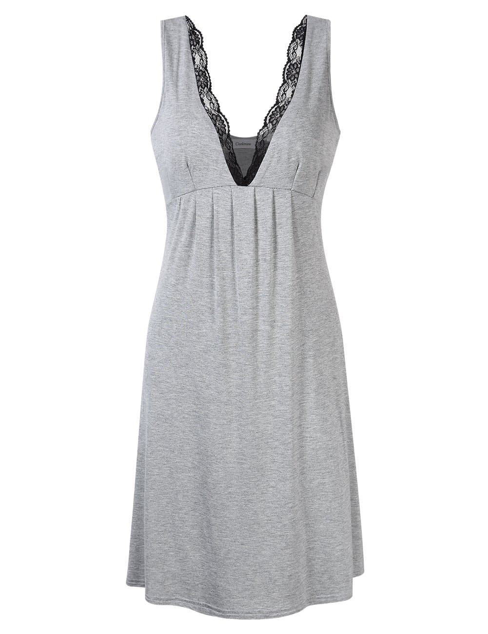 Coolmee Women Deep V-Neck Lace Trim Sleeveless Nightgown Sleepwear Empire Babydoll Lingerie Night Dress