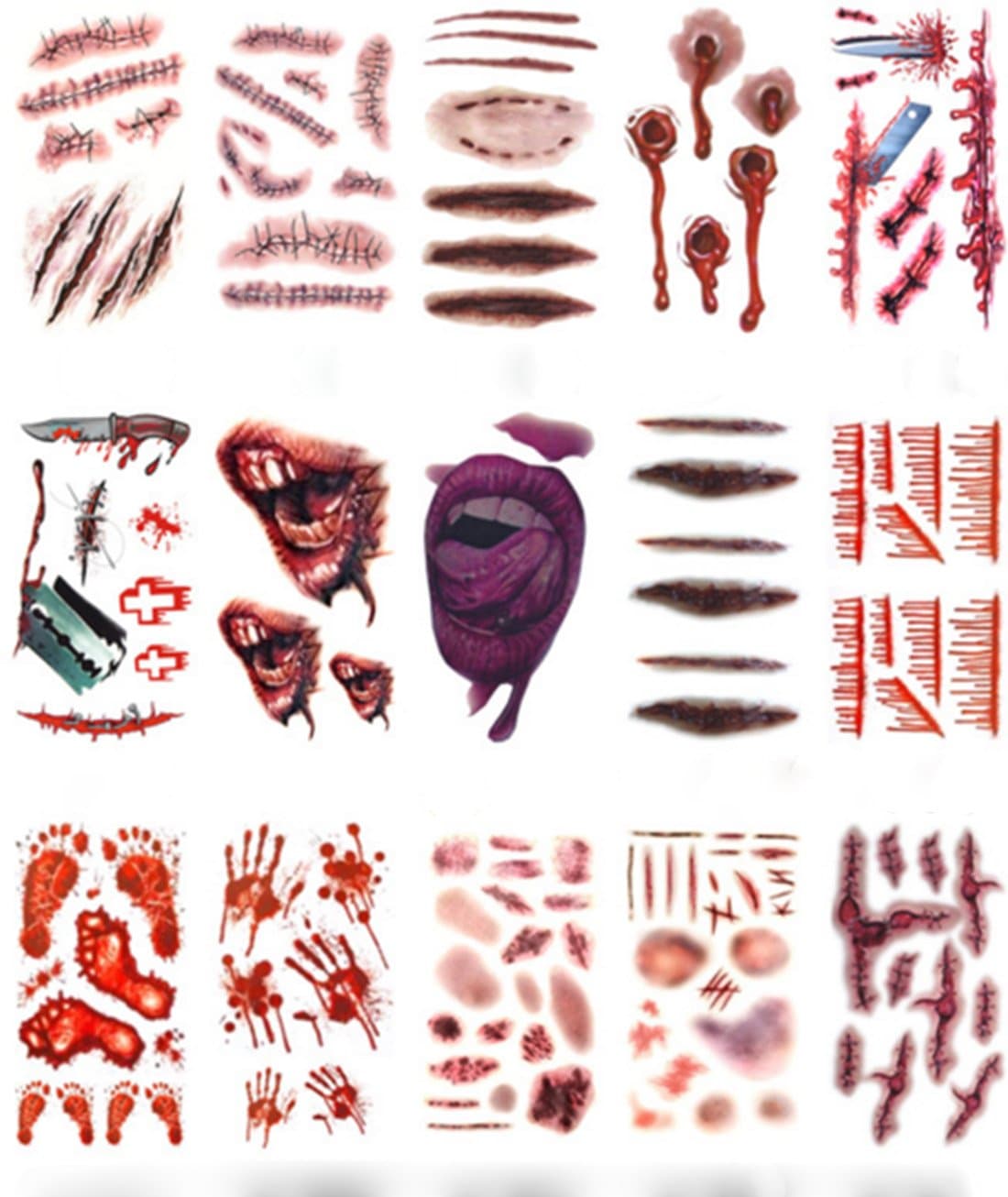 Halloween Scar Tattoos Stickers Temporary - Waterproof Horror Realistic Fake Bloody Terror Wound Injury Stitch Scar Scab Halloween Tattoo Cosplay Costume, Halloween Masquerade Prank Makeup Props