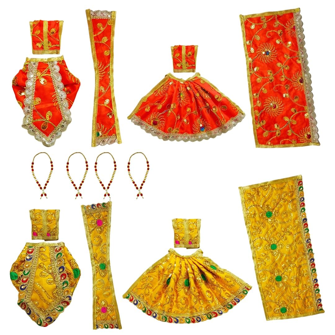 MURLIWALE Radha Krishan, Jugal Kishor Vastra/Poshak/Dress for Standing Idol, Made of Silk Cloth. Combo of 2 Pairs of Dress and 2 Small Mala. Dress Size: Choli 2.5 Inch + Dhoti/Lehenga 4 Inch.