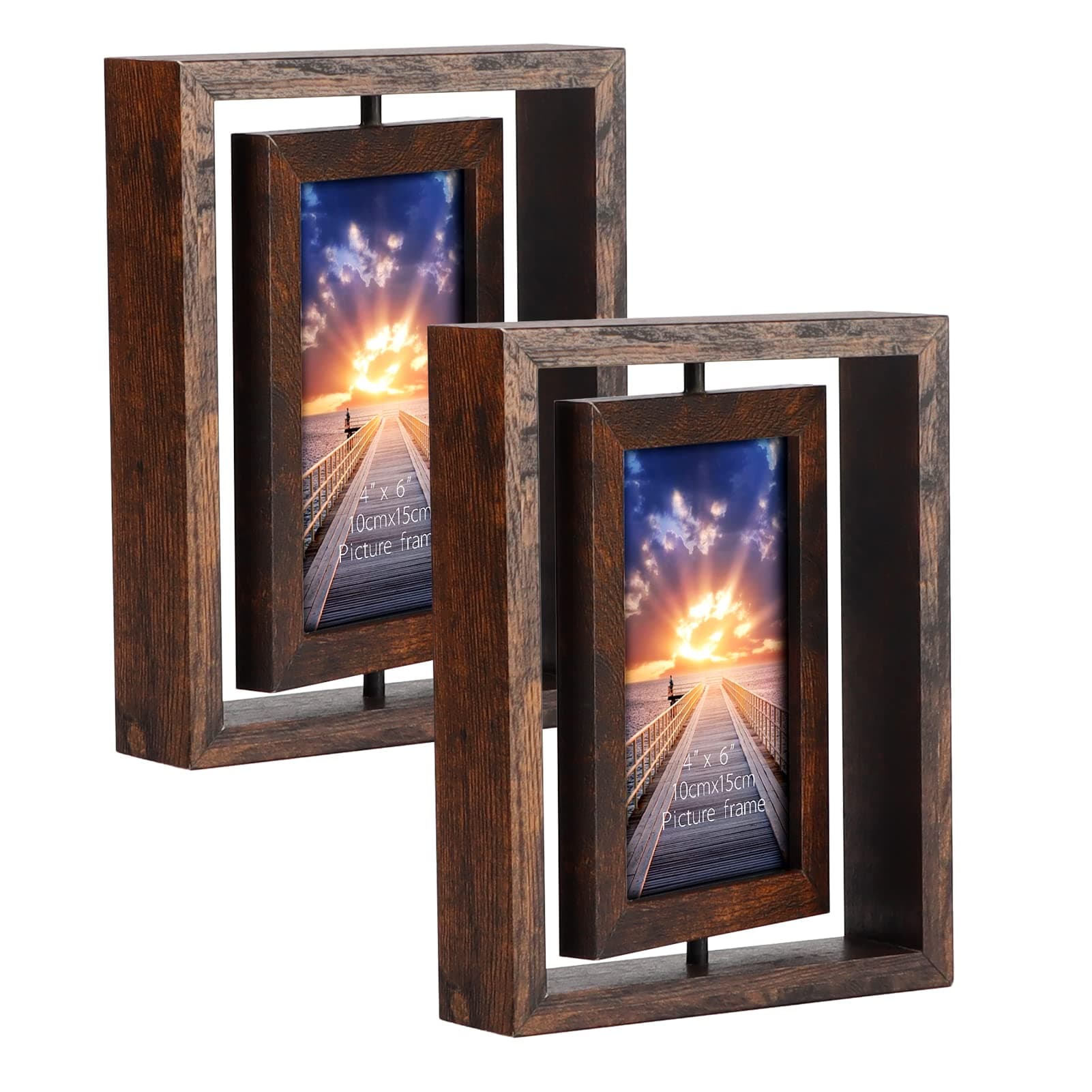 EXYGLO 2 Pack Double 6x4 Photo Frames, Rotating Picture Frames for Horizontal or Vertical Tabletop Display of 4x6 Photos - Perfect Presents for Mum, Brown