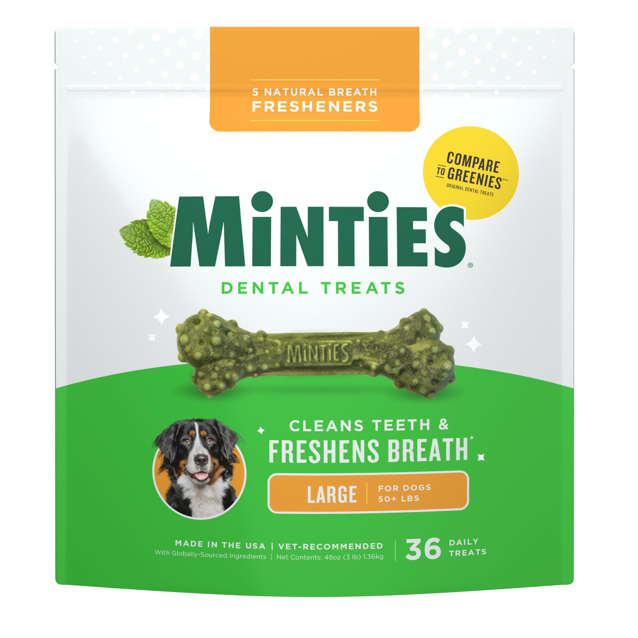 Minties Dental Chews for Dogs, 36 Count, Vet-Recommended Mint-Flavored Dental Treats for Large Dogs Over 50 lbs, Dental Bones Clean Teeth, Fight Bad Breath, and Removes Plaque and Tartar