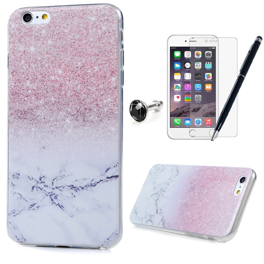 (NOT Glitter) iPhone 6 Plus Case iPhone 6S Plus Case Marble Cover MAXFE.CO Flexible Soft Thin Gel TPU Case for 5.5 Inch iPhone 6 Plus iPhone 6s Plus, Pink Marble Pattern Printed + One Ultra Clear Screen Protector + One Touch Pen + One Dust Plug]