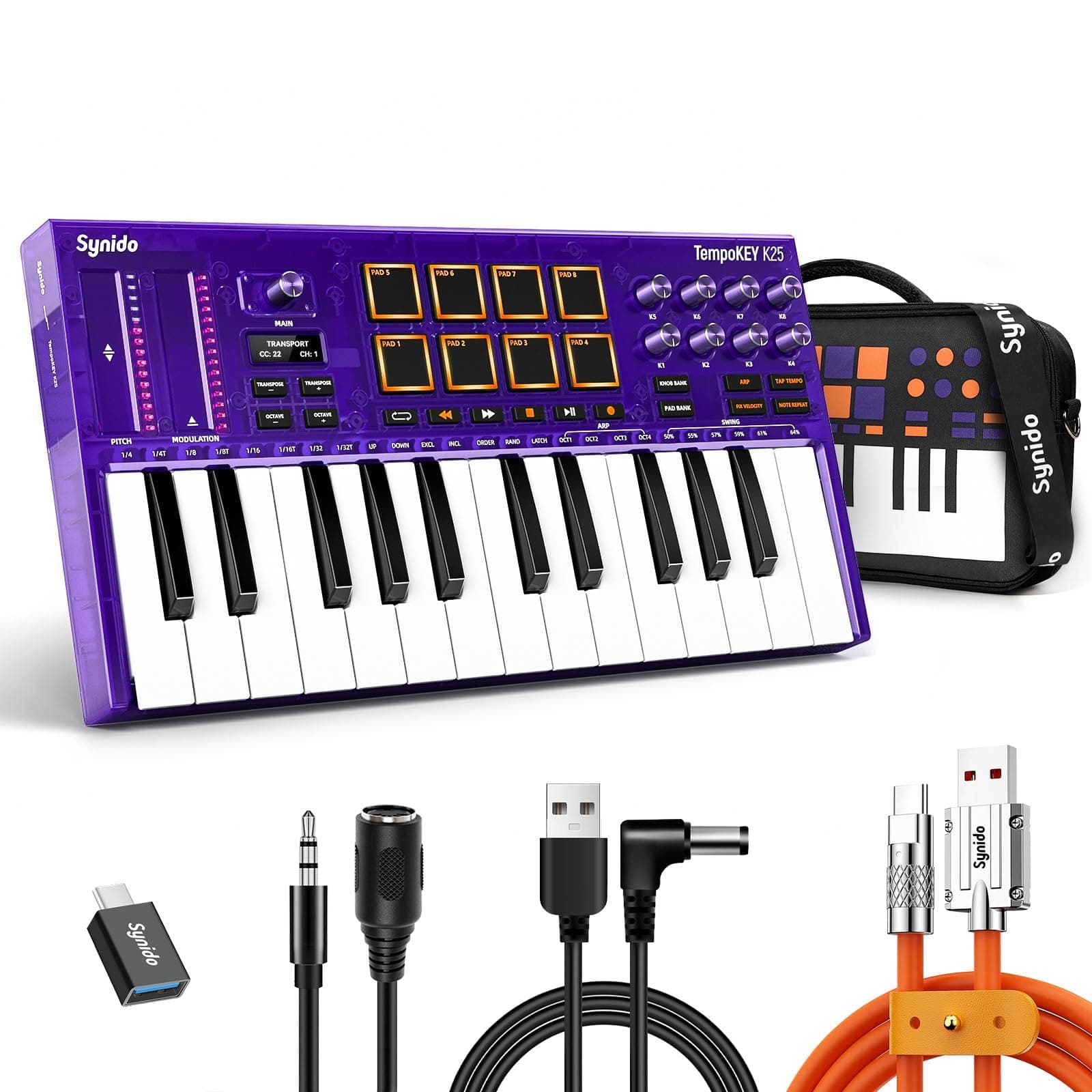 USB C MIDI Keyboard Controller 25 Key with Drum Pads, Velocity-sensitive Full-size Keys, OLED Screen, Portable Midi Controller Beat Maker Machine for Music Production, Purple, TempoKEY K25