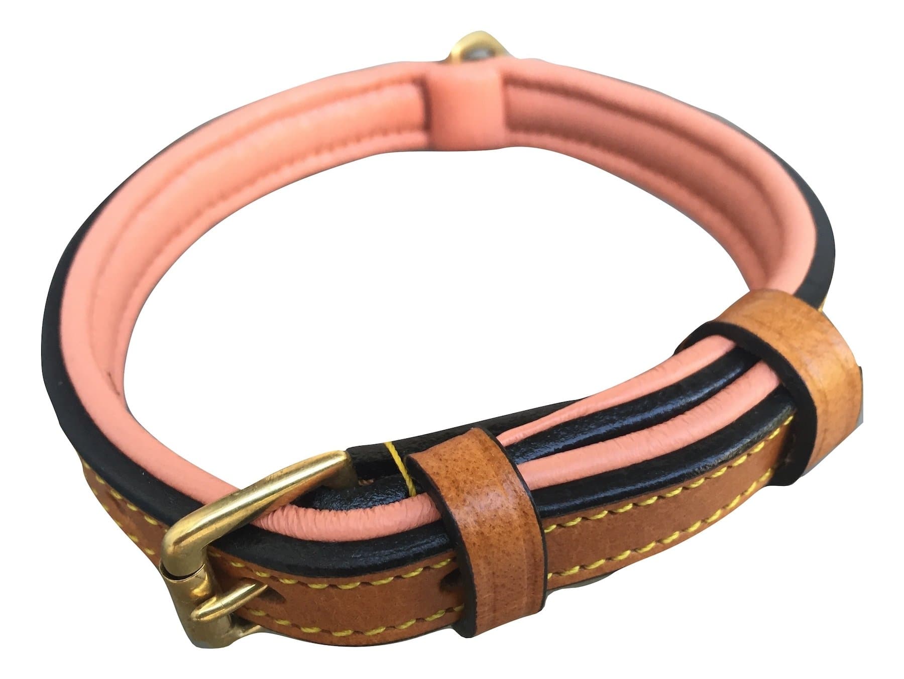 Small Leather Padded Dog Collar, Tan with Coral Padding, 16" Long x 5/8" Wide, Neck Size 11" to 13.5 Inches