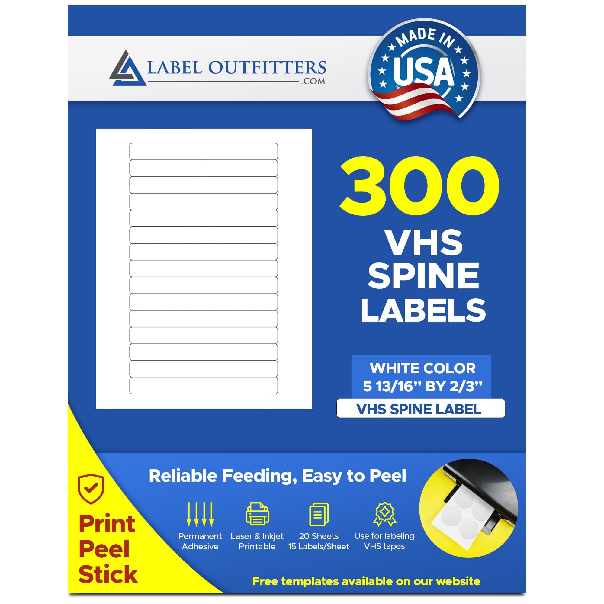 300 Label Outfitters Printable White VHS Spine Labels for Laser or Inkjet - 20 Sheets