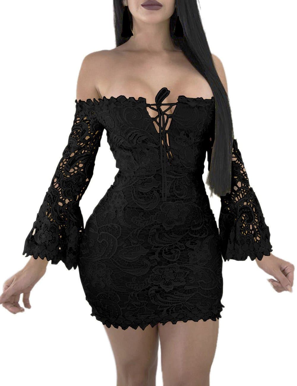 Women's Lace Dress Sexy Off Shoulder Flare Sleeve Floral Bodycon Party Club Dress