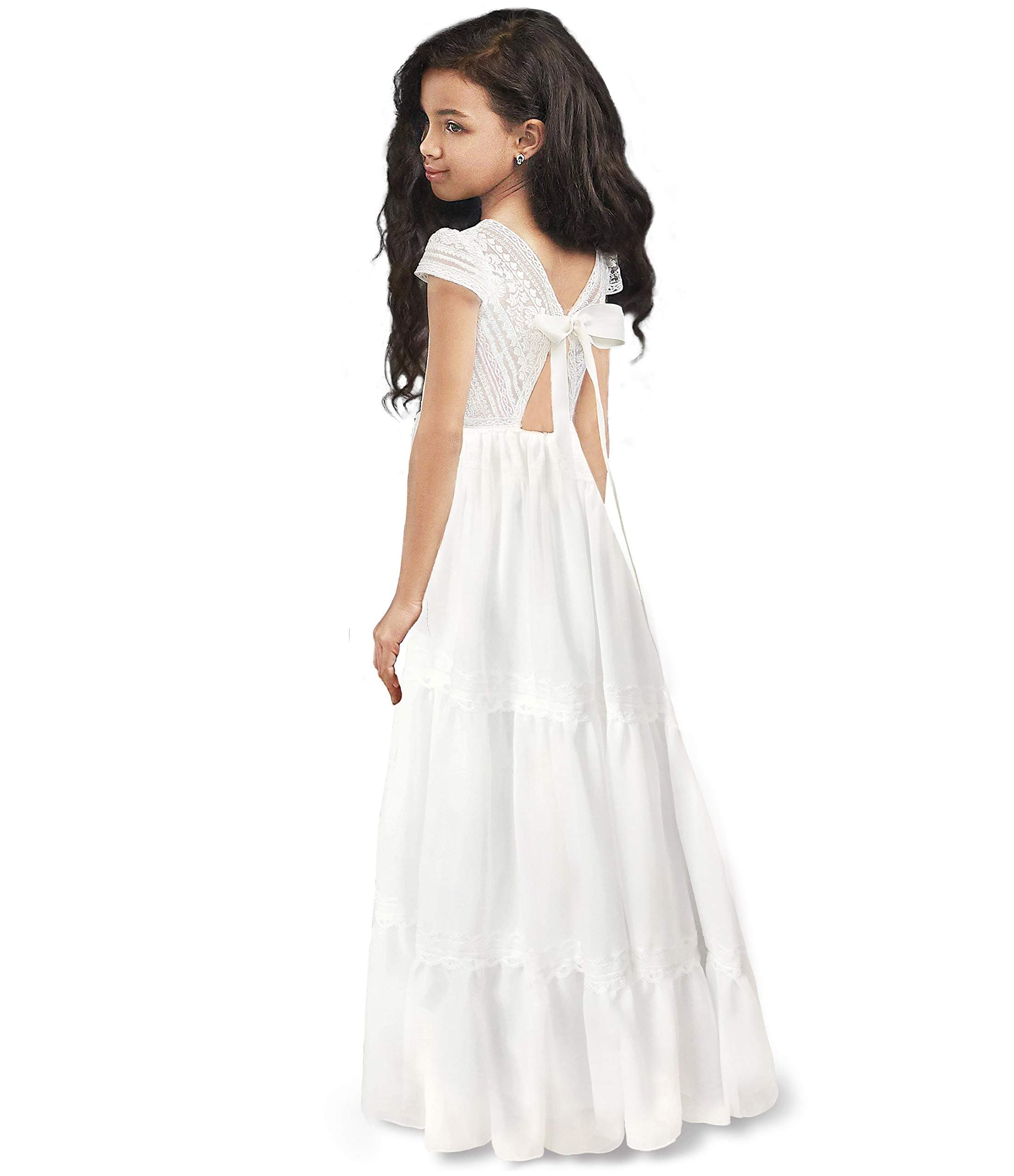 Flower Girls Ivory Lace Bridesmaid Dresses Long A line Tulle Wedding Princess Pageant Party Gown First Communion 2-13Y